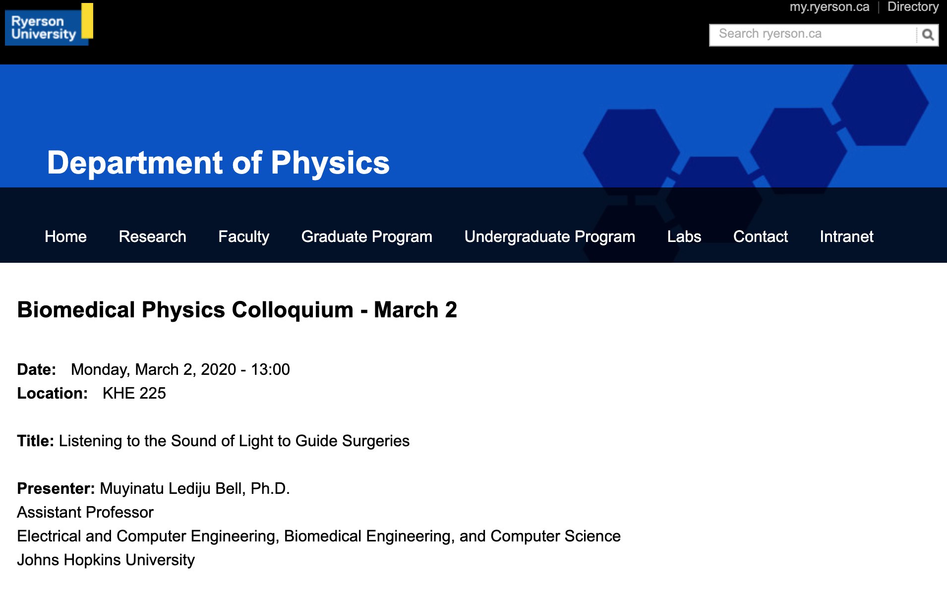 Prof. Bell Invited to Speak at Ryerson University Physics Colloquium