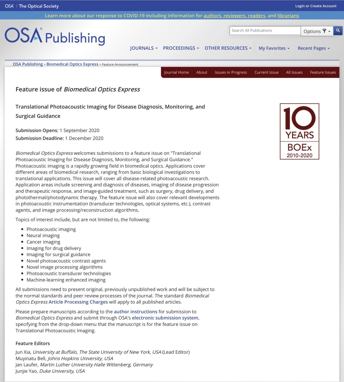 Prof. Bell to Serve as Editor of Biomedical Optics Express